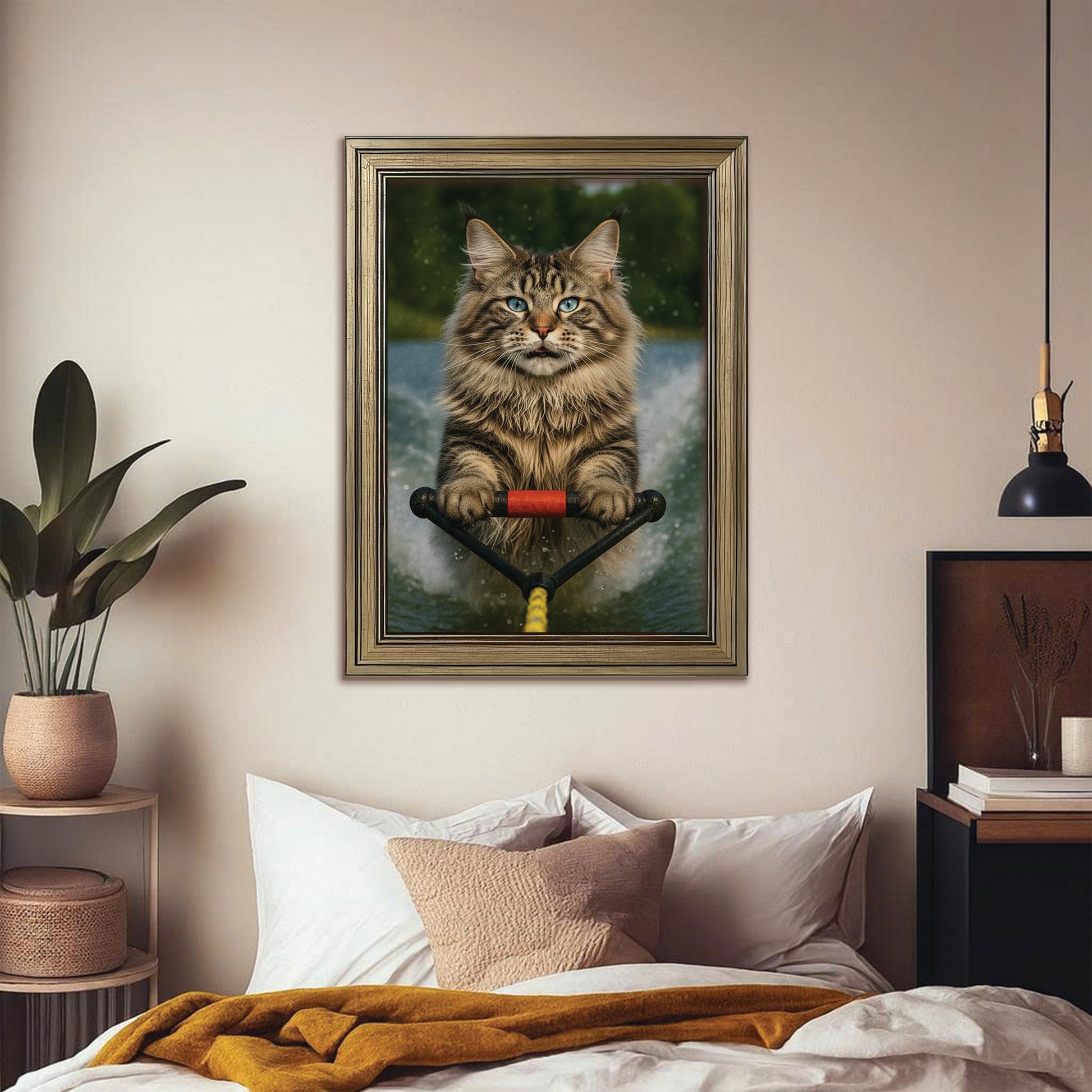 Custom Photo Water Ski Cat Canvas Framed Wall Art Gift For Cat Lovers