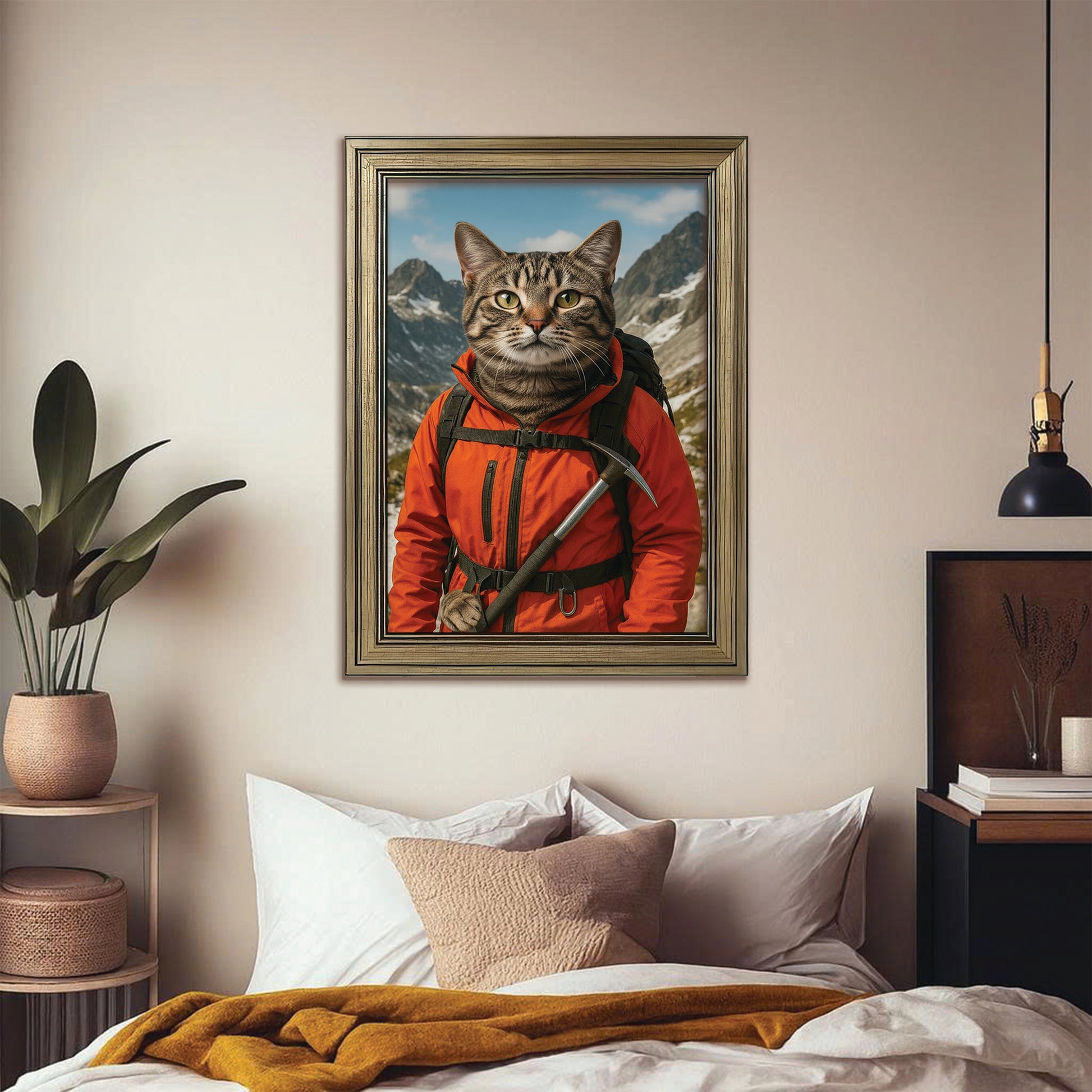 Custom Photo Mountaineer Climbing Cat Canvas Framed Wall Art  Gift For Cat Lovers