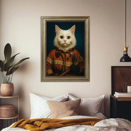 Custom Cat Photo Firefighter Canvas Framed Wall Art _ Gift For Cat Lovers