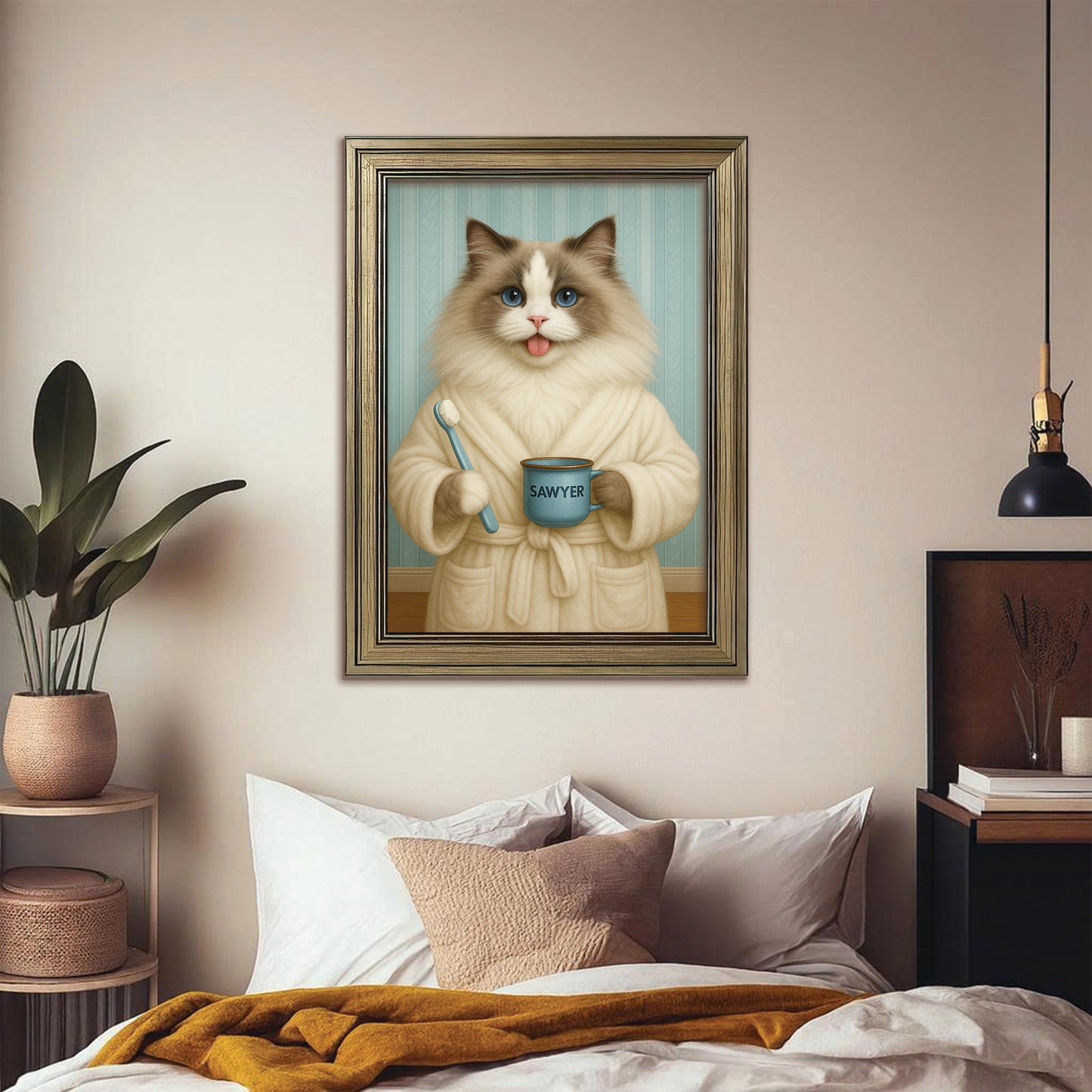 Custom Photo Cat Bathroom Canvas Framed Wall Art Cat Gifts Lovers