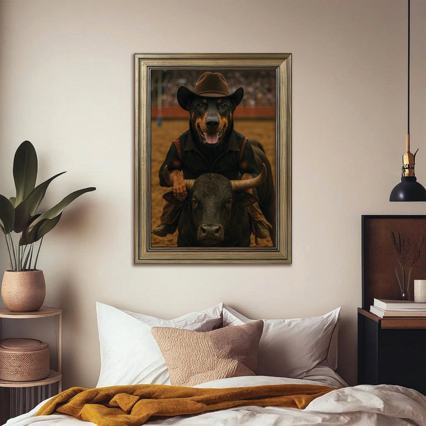 Custom Photo Bull Rider Cowboy Dog Canvas Framed Wall Art Gift For Dog Lovers