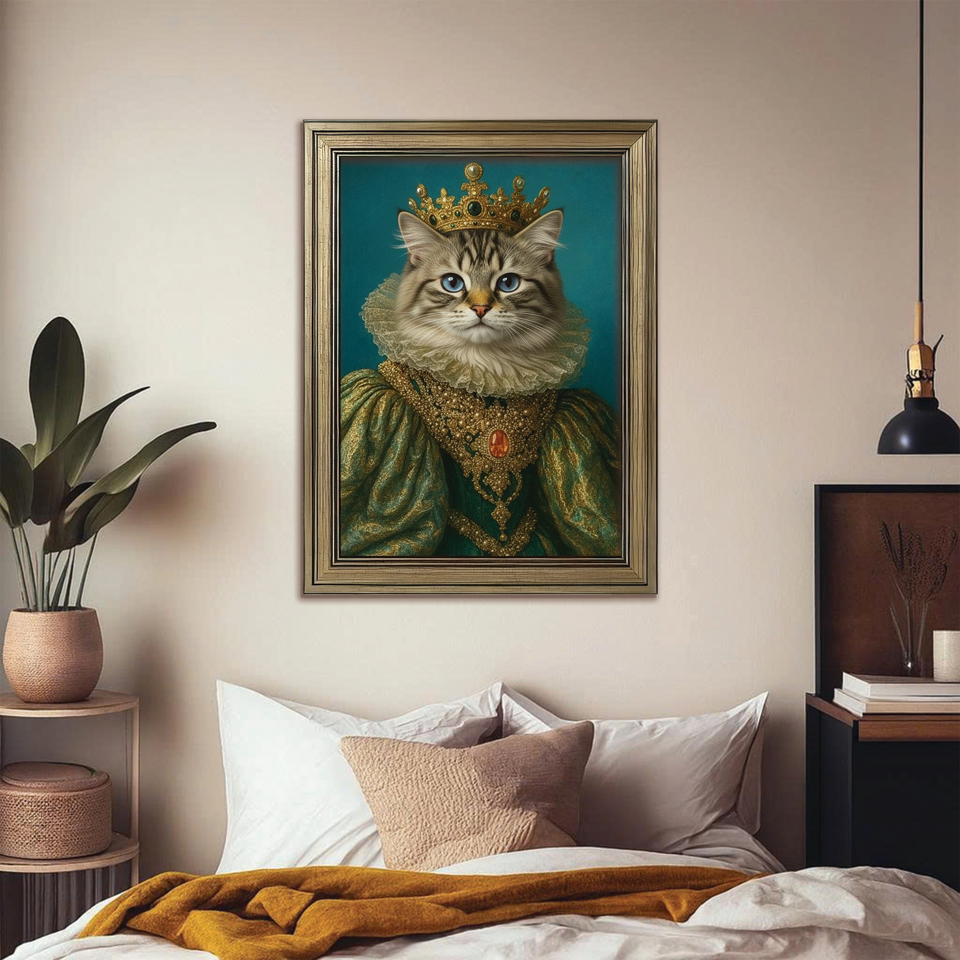 Custom Photo Potrait Royal Cat With Crown Canvas Framed Wall Art Gift For Cat Lovers