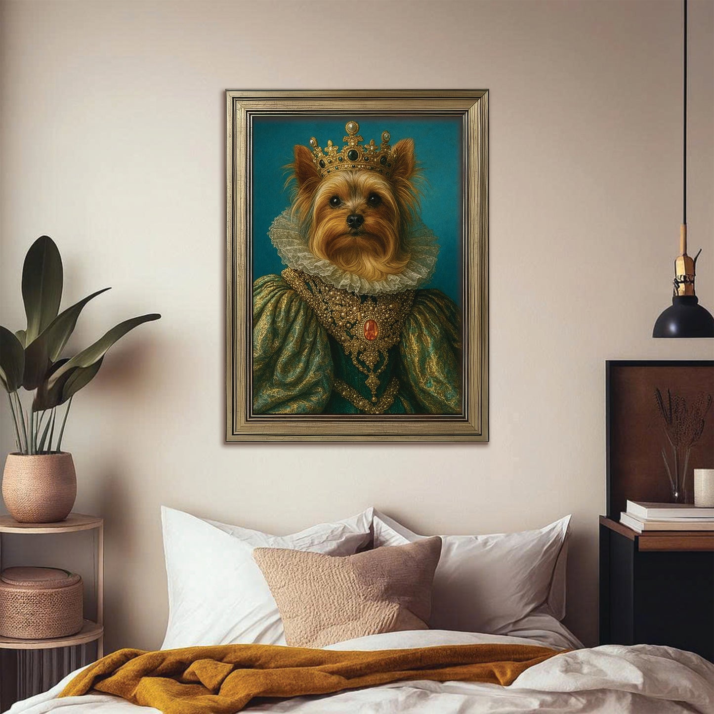 Custom Photo Potrait Royal Dog With Crown Canvas Framed Wall Art Gift For Dog Lovers