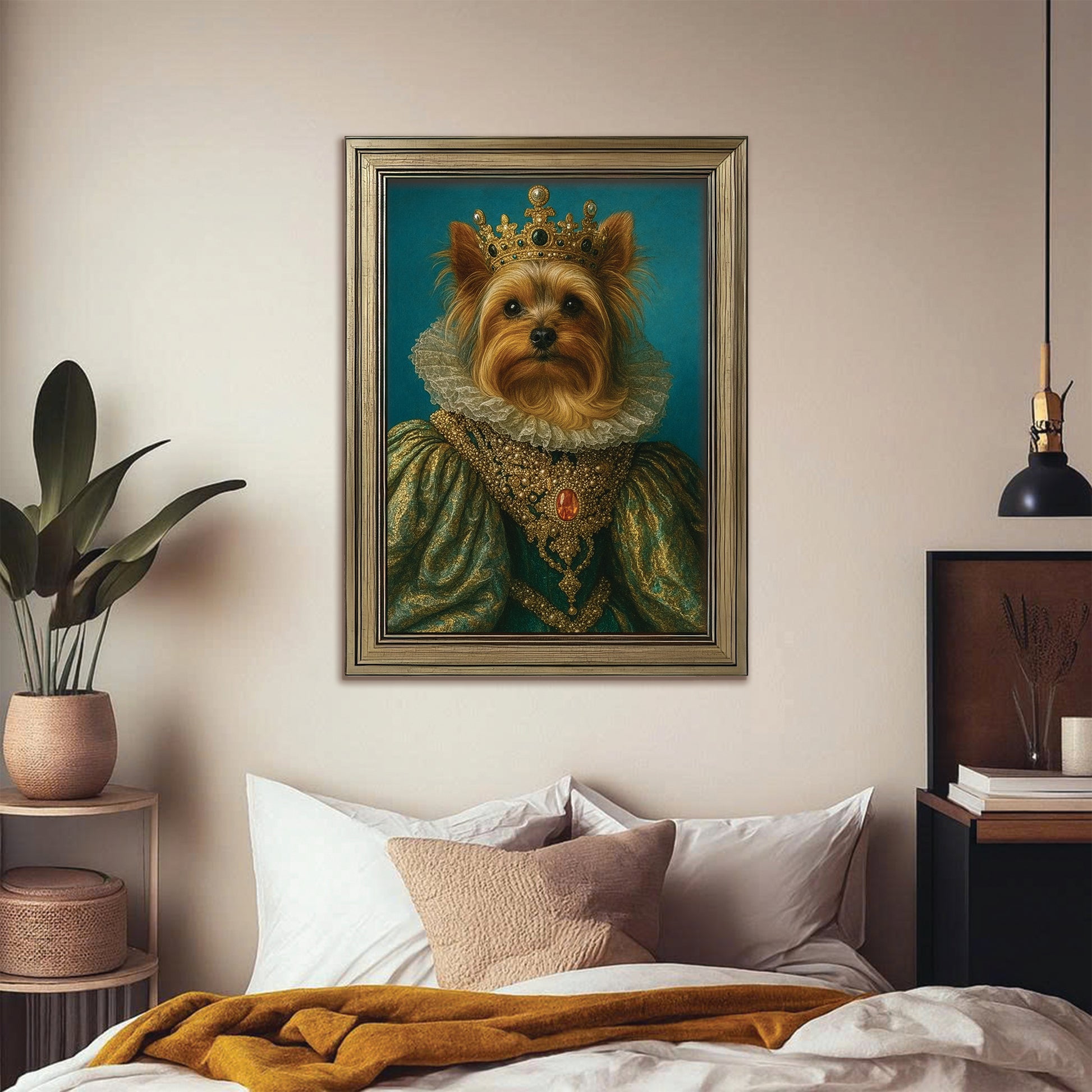 Custom Photo Potrait Royal Dog With Crown Canvas Framed Wall Art Gift For Dog Lovers