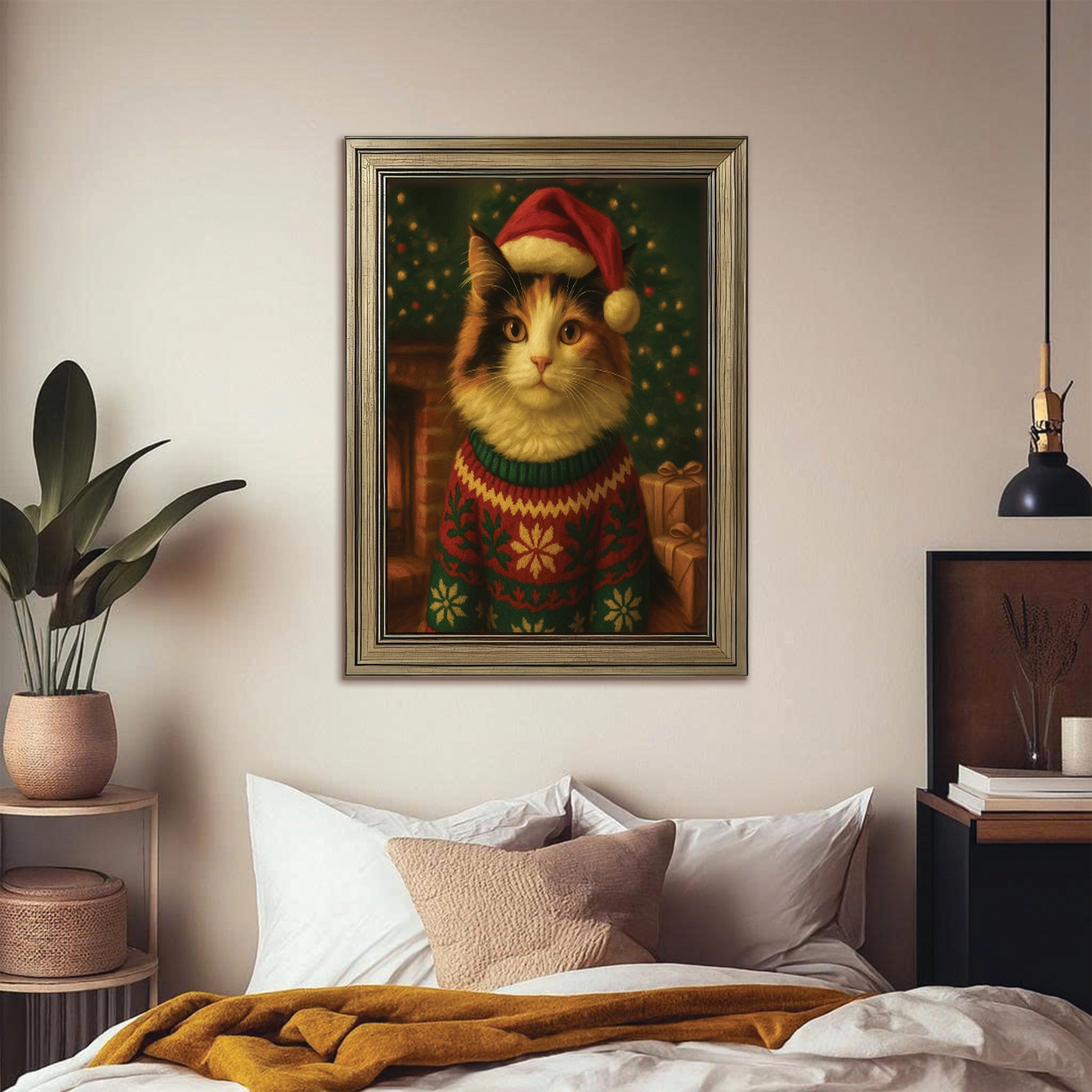 Custom Photo Cat Christmas Oufit Canvas Framed Wall Art