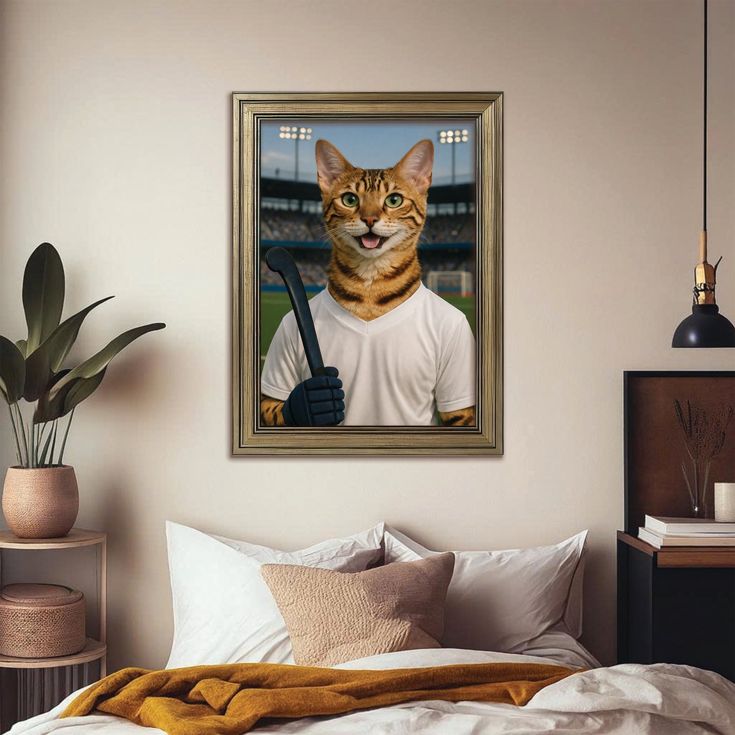 Custom Photo Field Hockey Cat Canvas Framed Wall Art  Gift For Cat Lovers