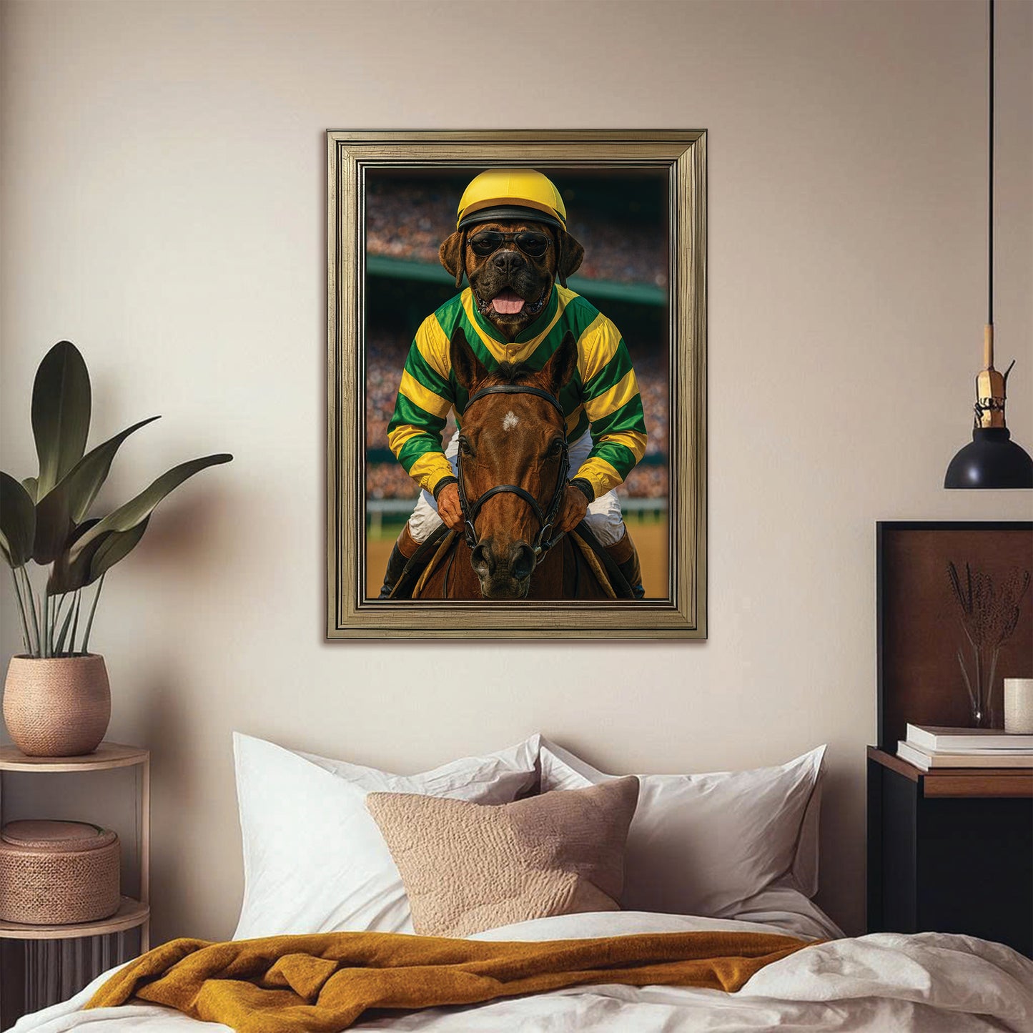 Custom Photo Jockey Horse Racing Dog Canvas Framed Wall Art Gift For Dog Lovers