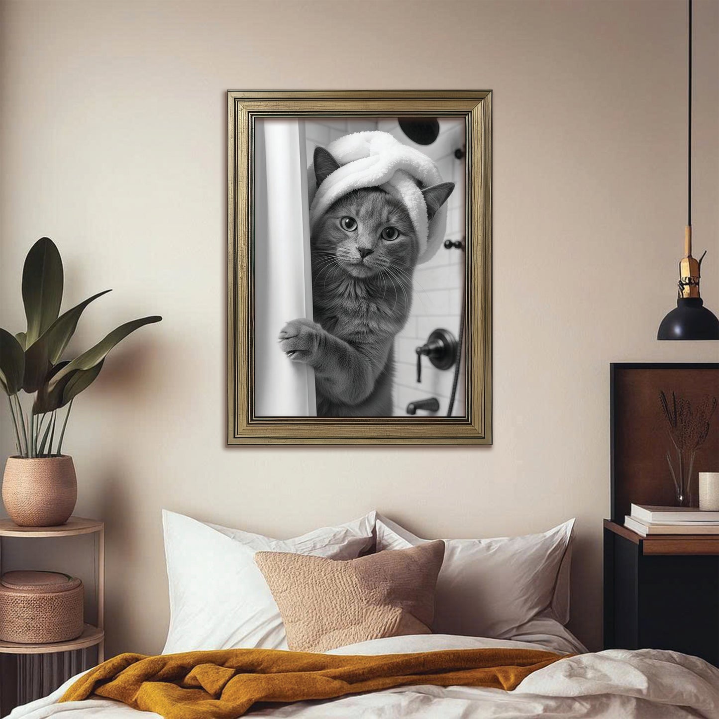 Custom Photo Cat Bathroom Canvas Framed Wall Art Gift For Cat Lovers