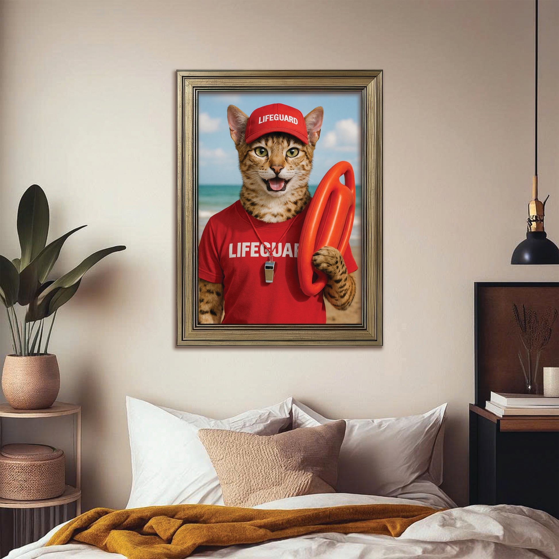 Custom Photo Lifeguard Cat Canvas Framed Wall Art Gift For Cat Lovers