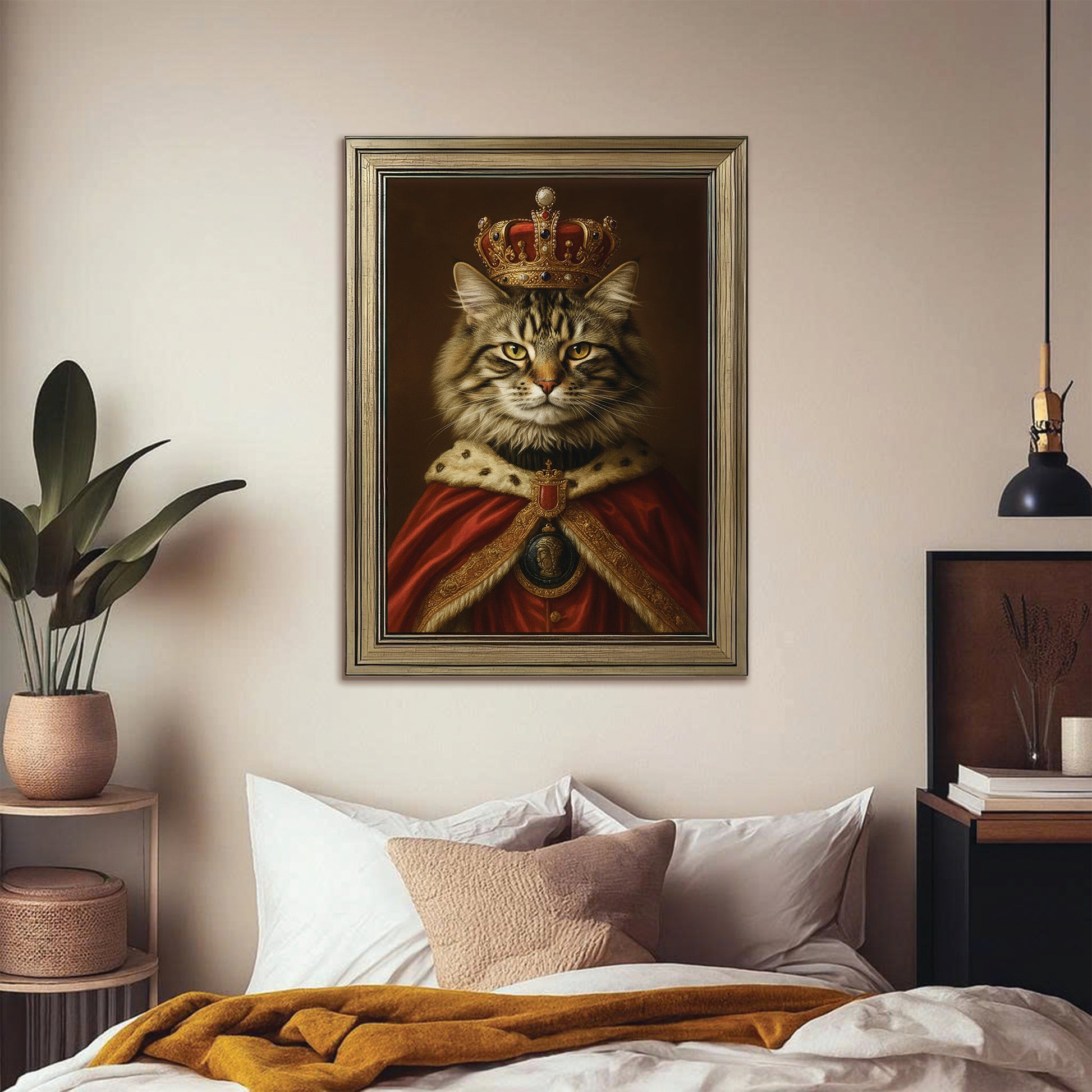 Custom Photo Royal Cat With Crown Canvas Framed Wall Art Gift For Cat Lovers