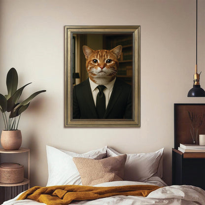 Custom Photo Business man Ceo Cat Canvas Framed Wall Art Gift For Cat Lovers
