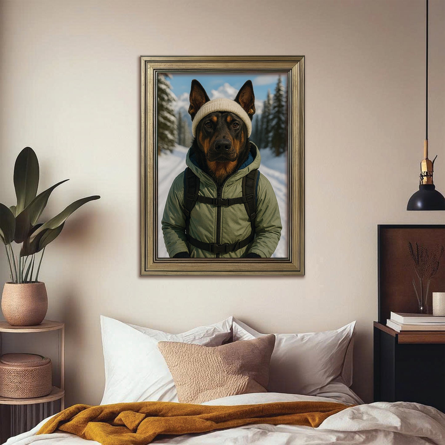 Custom Photo Winter Hiker Dog Canvas Framed Wall Art Gift For Dog Lovers