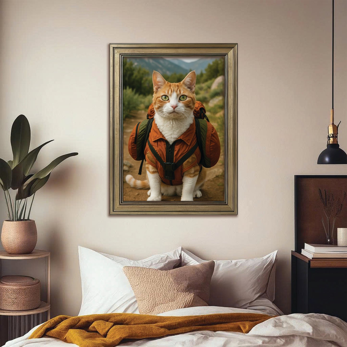Custom Photo Backpacking Hiking Cat Canvas Framed Wall Art Gift For Cat Lovers