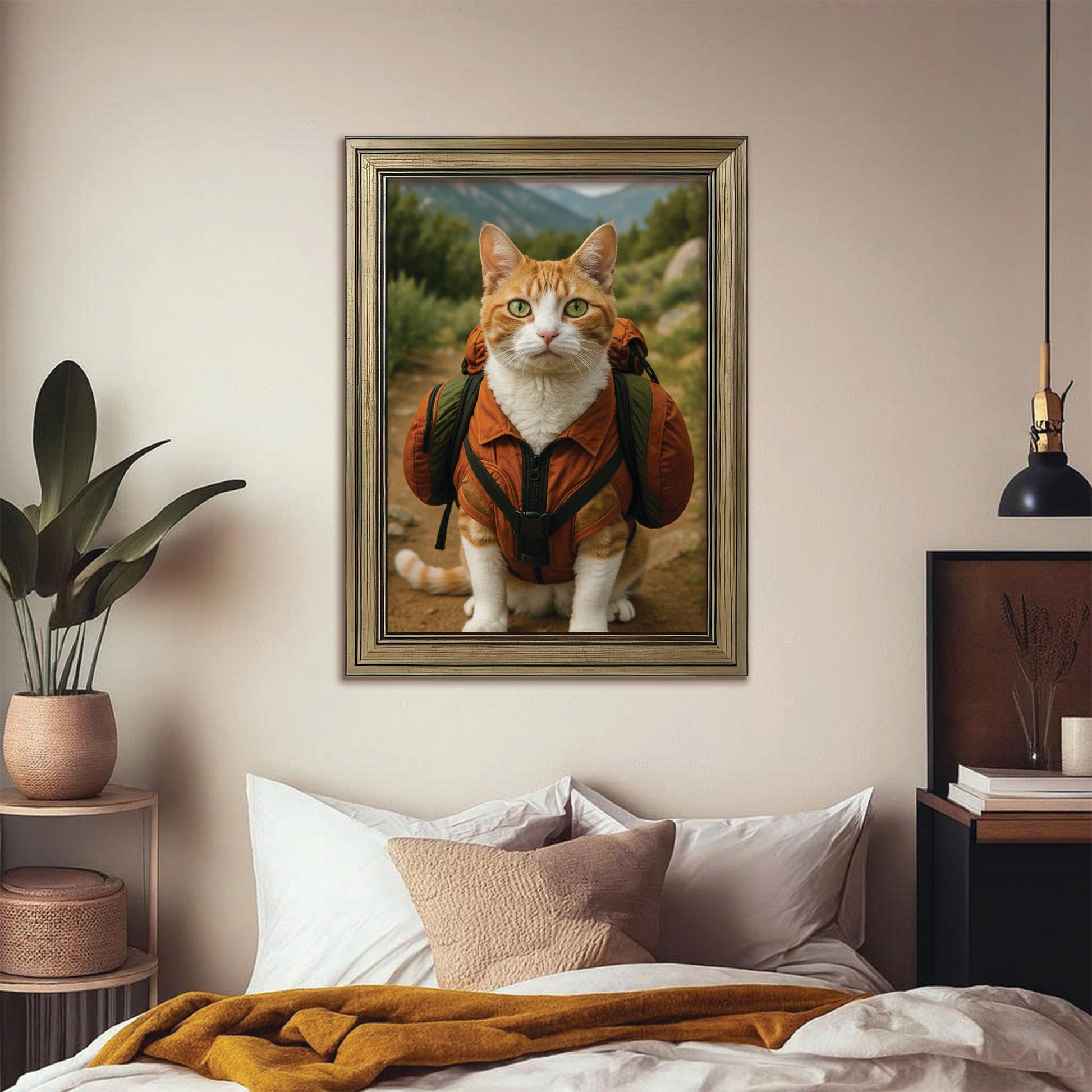 Custom Photo Backpacking Hiking Cat Canvas Framed Wall Art Gift For Cat Lovers