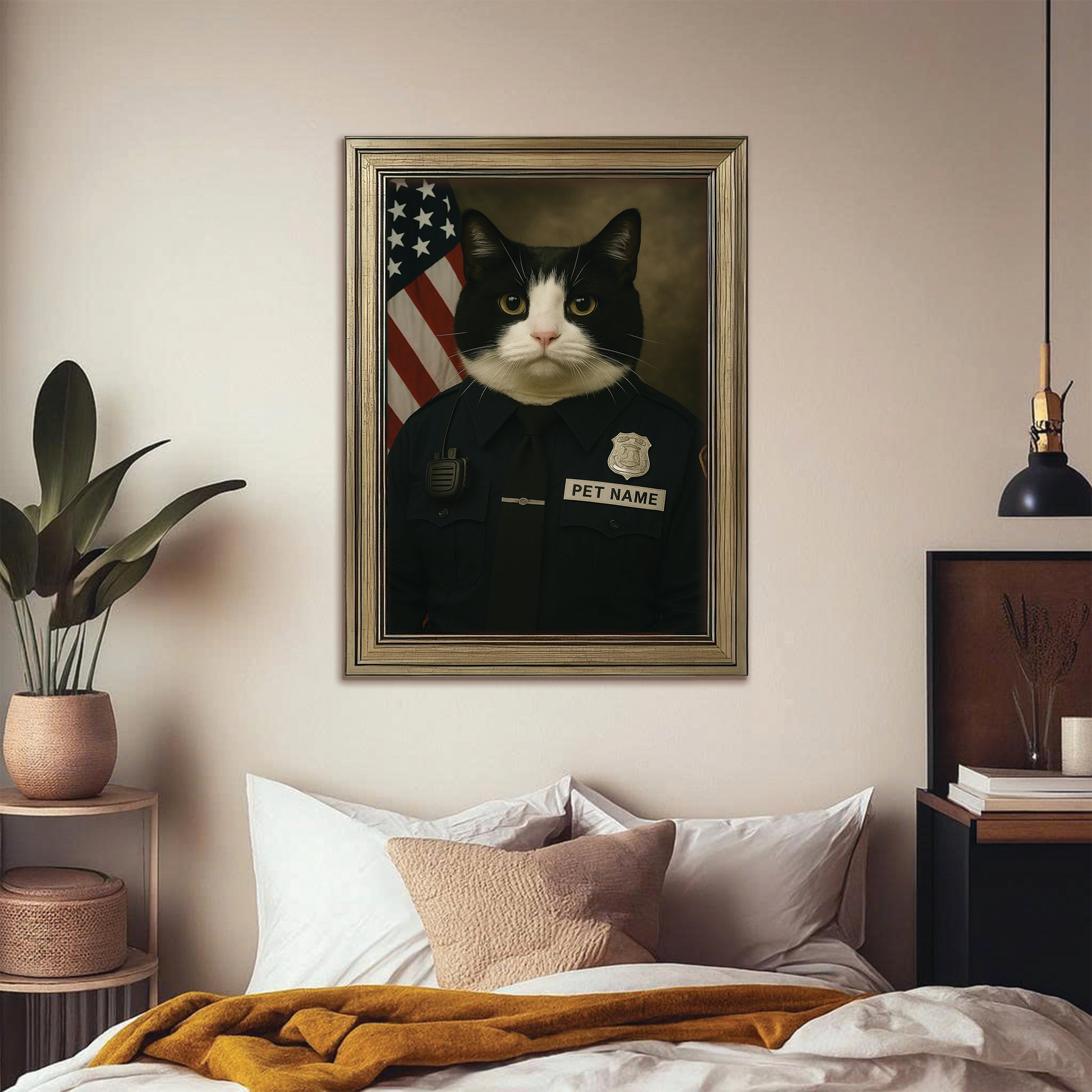 Custom Cat Photo Policeman Canvas Framed Wall Art _ Gift For Cat Lovers
