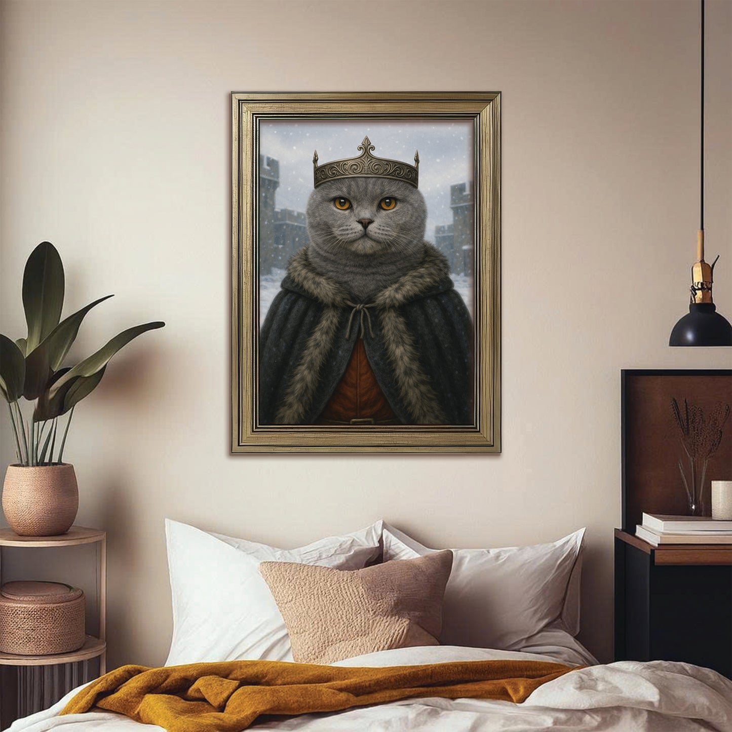 Custom Photo Winter King Royal Cat Canvas Framed Wall Art Gift For Cat Lovers