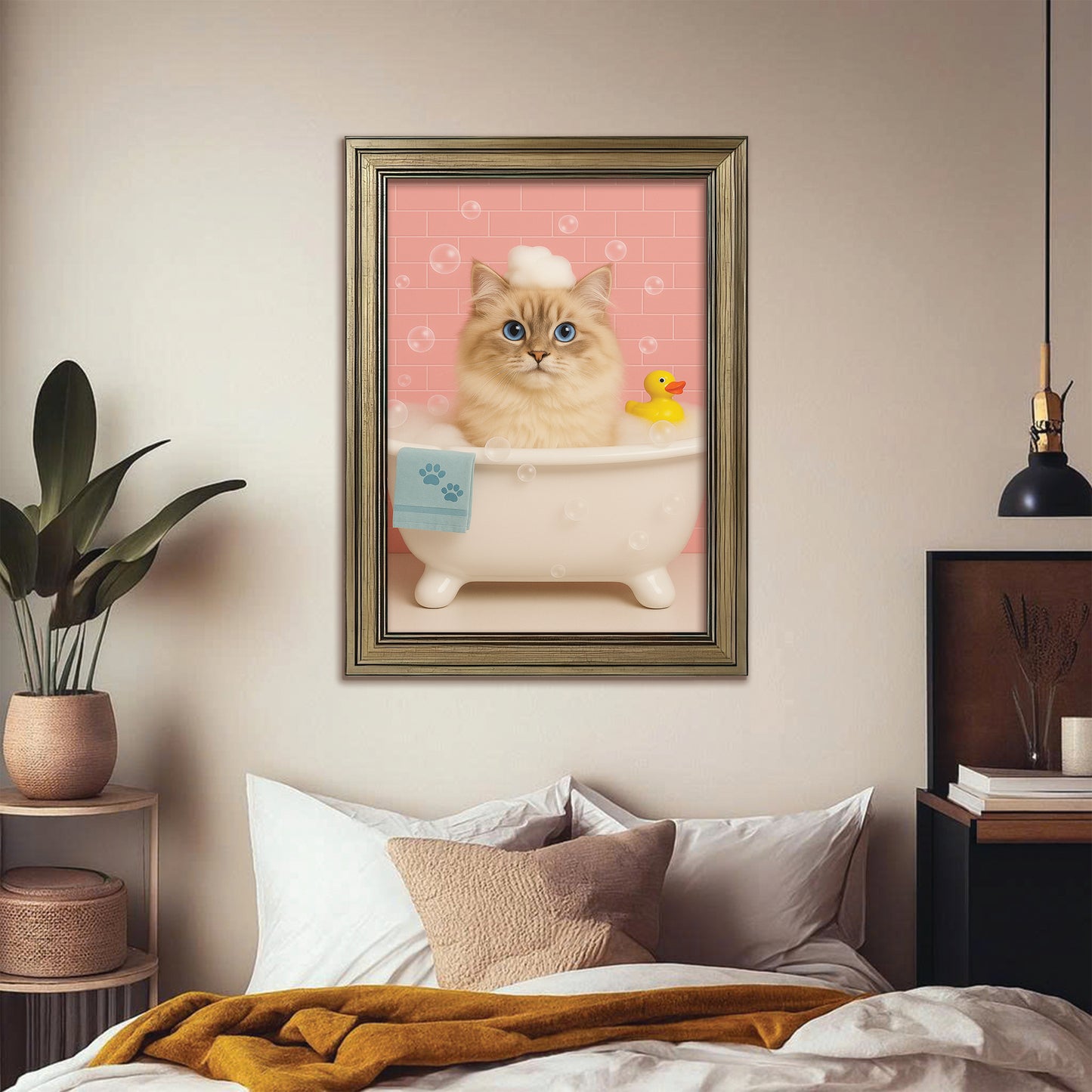 Custom Photo Cat In Bath Canvas Framed Wall Art Gift For Cat Lovers