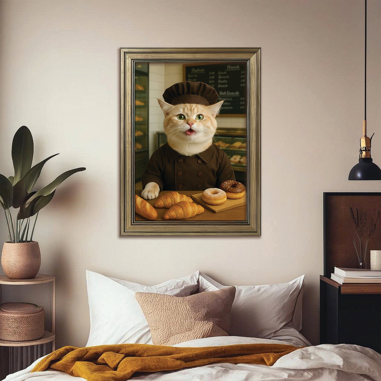 Custom Photo Baker Corgi Cat Canvas Framed Wall Art Gift For Cat Lovers