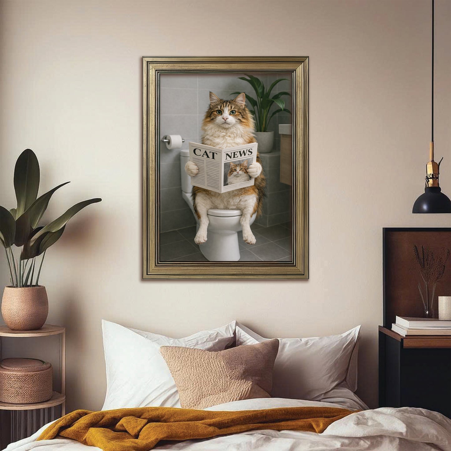 Custom Photo Cat Bathroom Style 4 Canvas Framed Wall Art Gift For Cat Lovers