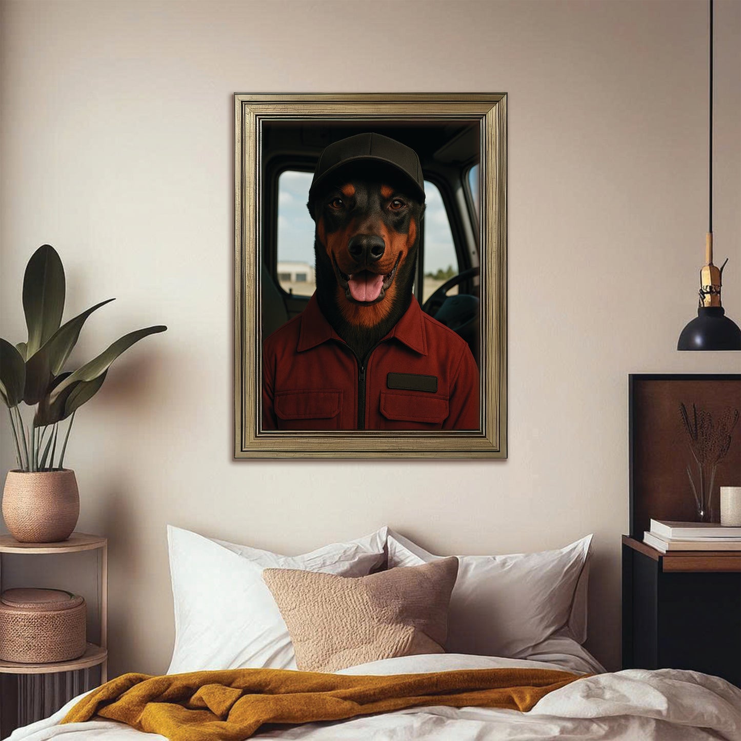Custom Photo Trucker Driver Dog Canvas Framed Wall Art Gift For Dog Lovers