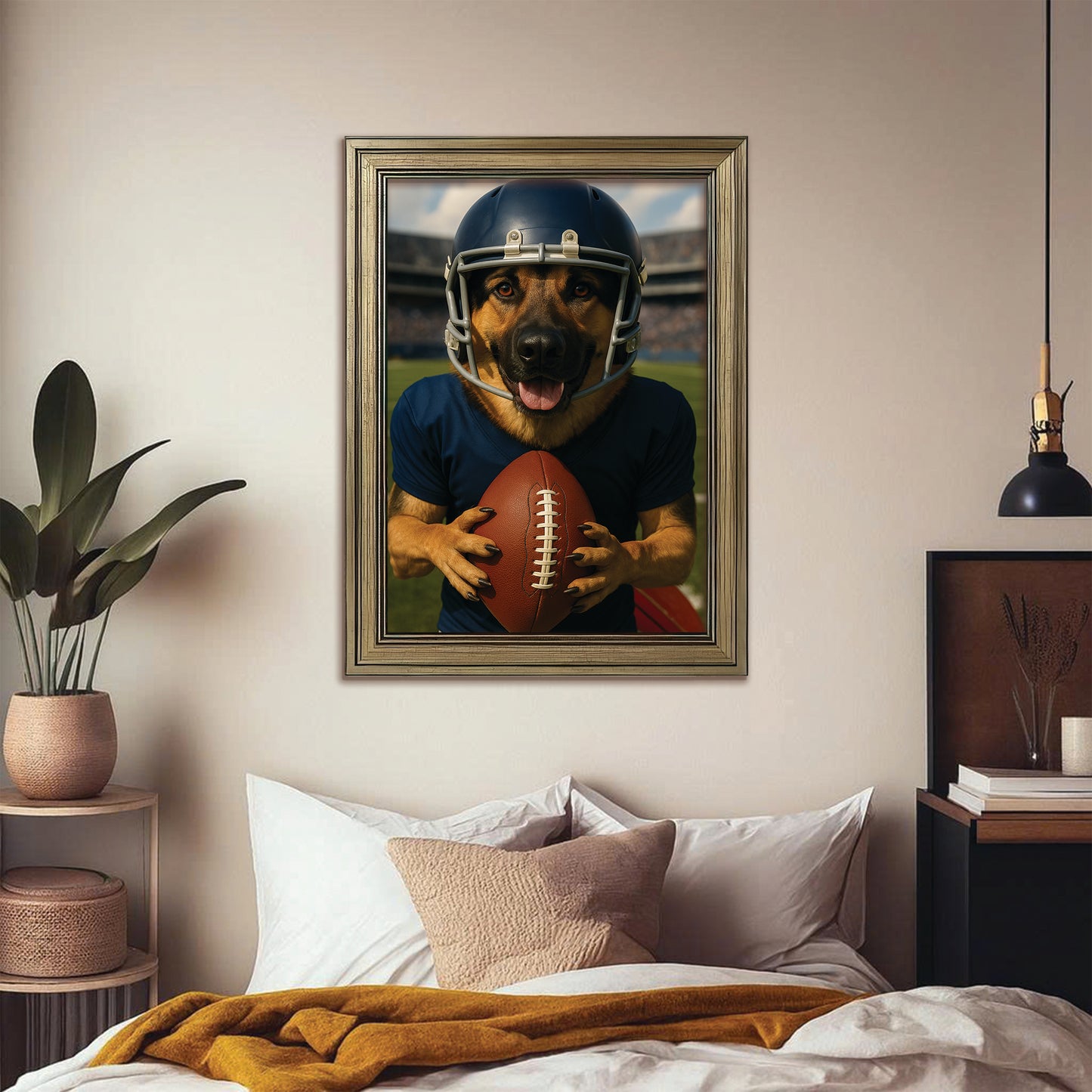 Custom Photo Footaball Dog Canvas Framed Wall Art Gift For Dog Lovers