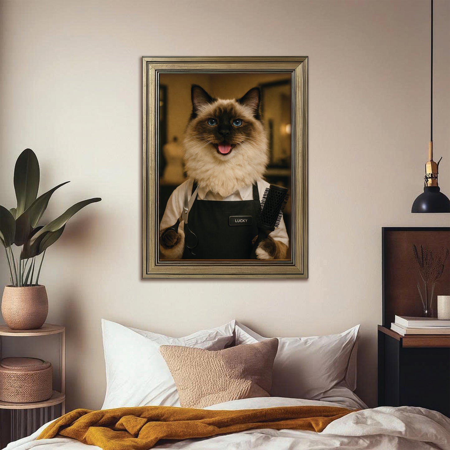 Custom Photo Hair Stylist Cat Canvas Framed Wall Art  Gift For Cat Lovers