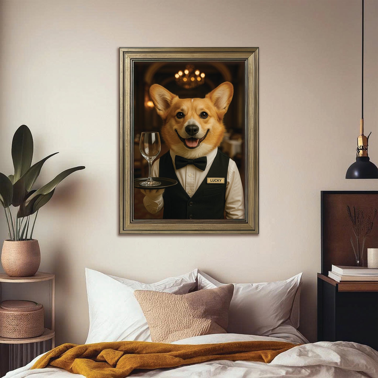 Custom Photo Dog Waiter Restaurant Canvas Framed Wall Art Gift For Dog Lovers