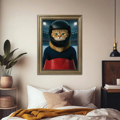 Custom Photo Bobsled Winter Race Cat Canvas Framed Wall Art Gift For Cat Lovers