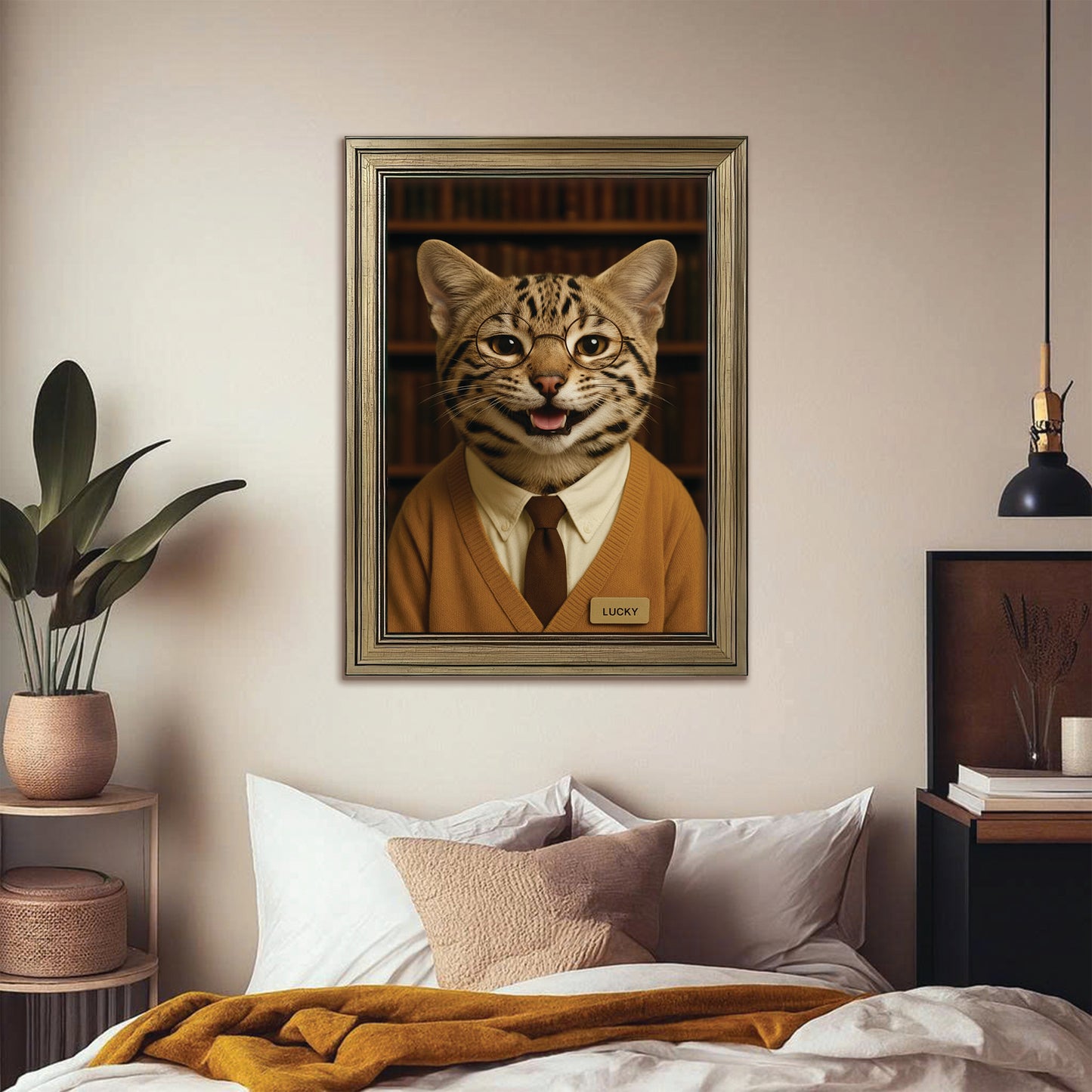 Custom Photo Librarian Book Lover Cat Canvas Framed Wall Art Gift For Cat Lovers