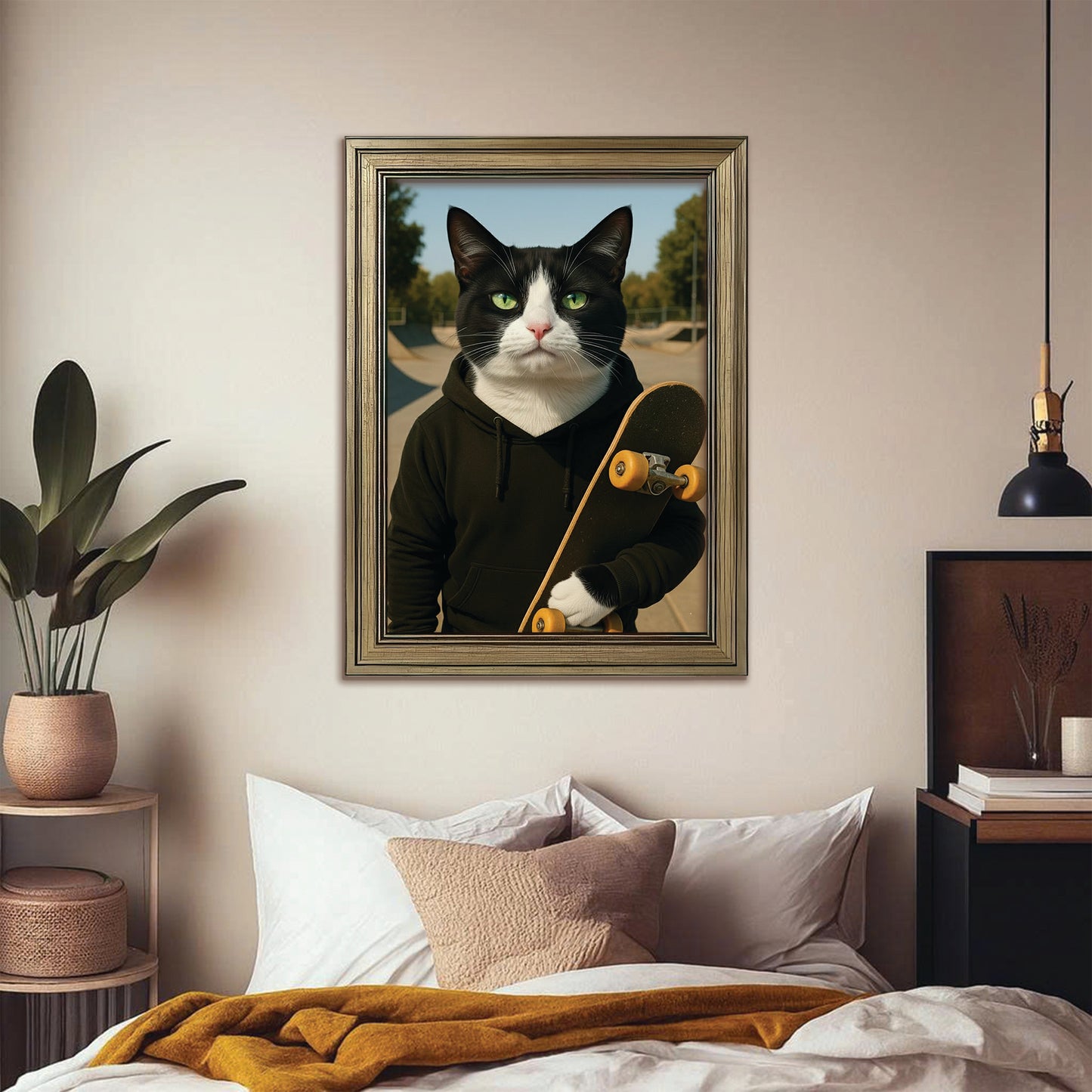 Custom Photo Skater Skateboard Canvas Framed Wall Art Gift For Cat Lovers