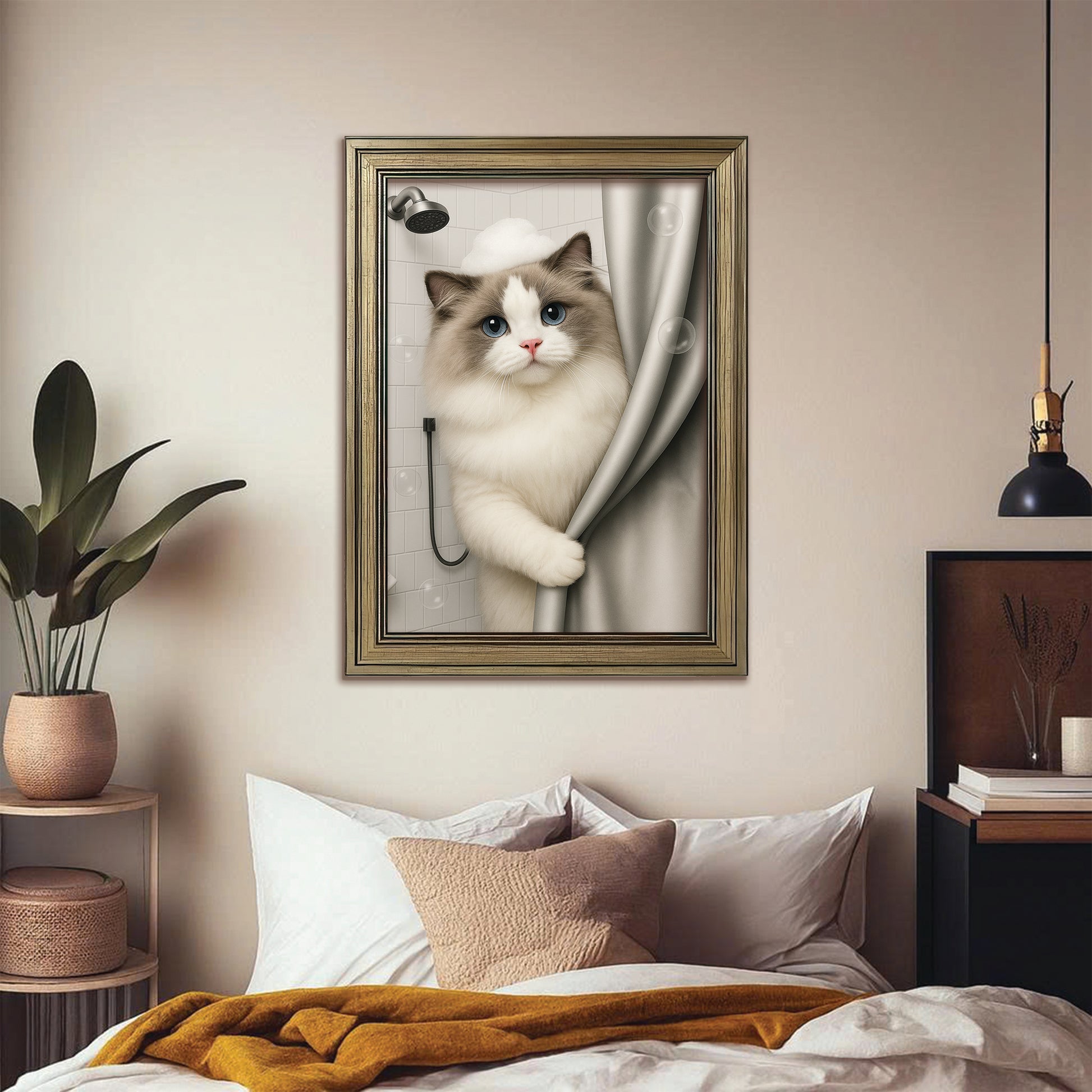 Custom Cat Photo Cat  In Bathroom Canvas Framed Wall Art Gift For Cat Lovers