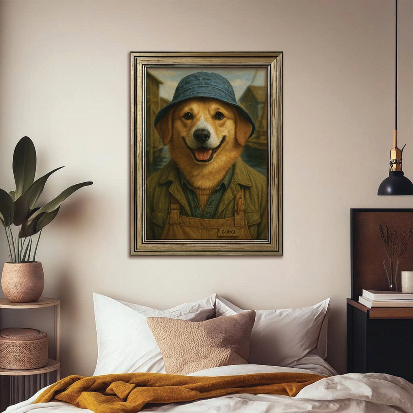 Custom Photo Fisherman Dog Canvas Framed Wall Art Gift For Dog Lovers