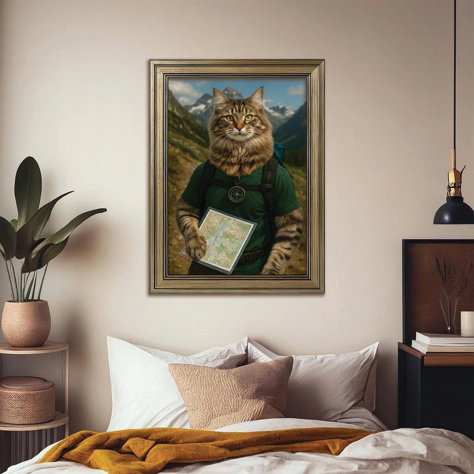 Custom Photo Explorer Hiking Cat Canvas Framed Wall Art  Gift For Cat Lovers