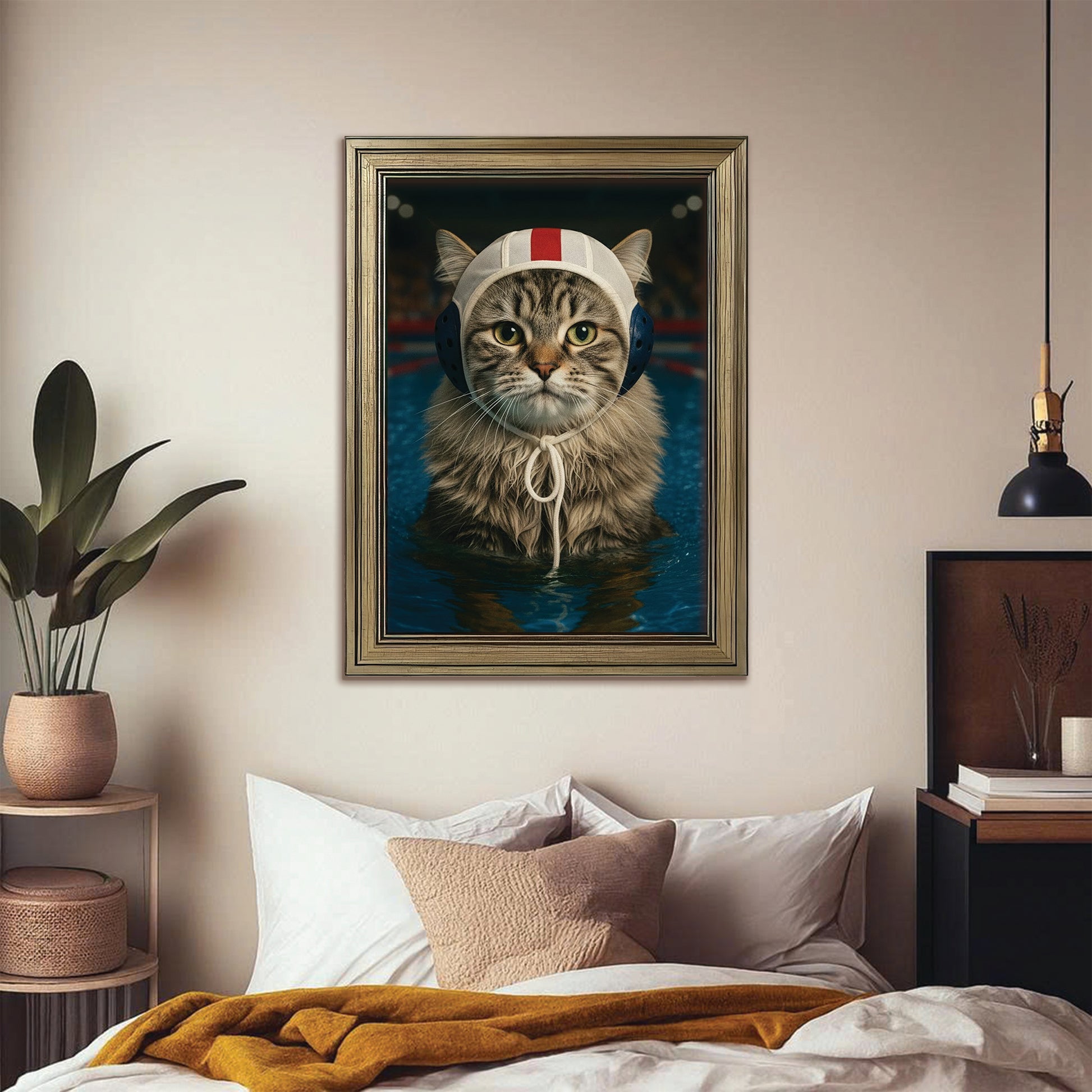 Custom Photo Swimmer Cat Canvas Framed Wall Art Gift For Cat Lovers