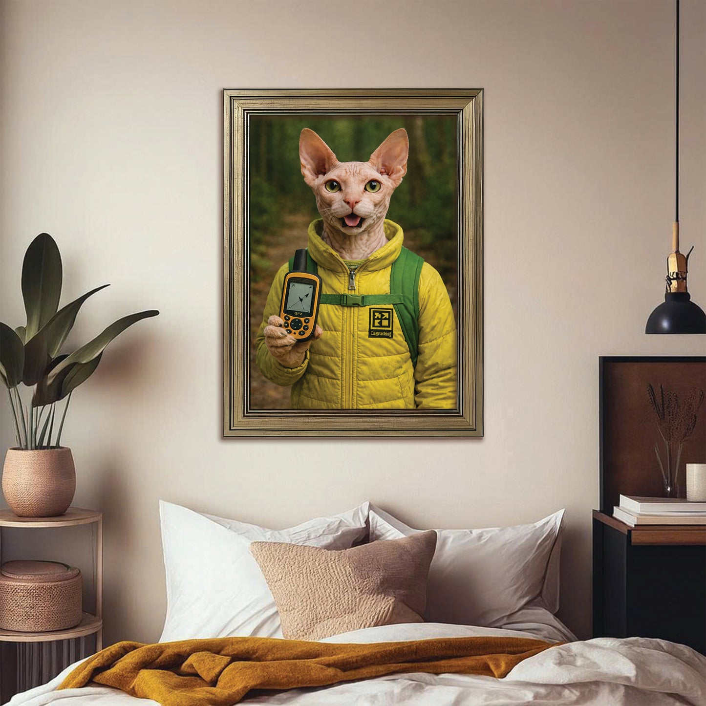 Custom Photo Geocaching Gps Adventure Cat Canvas Framed Wall Art  Gift For Cat Lovers