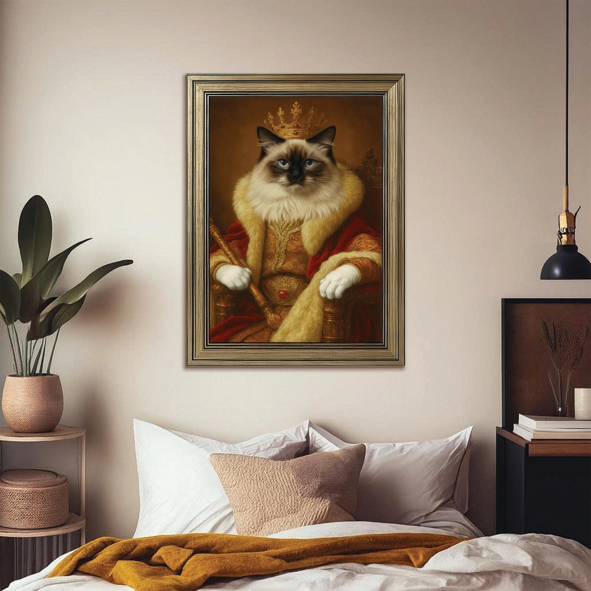 Custom Photo King Royal With Crown Cat Canvas Framed Wall Art Gift For Cat Lovers