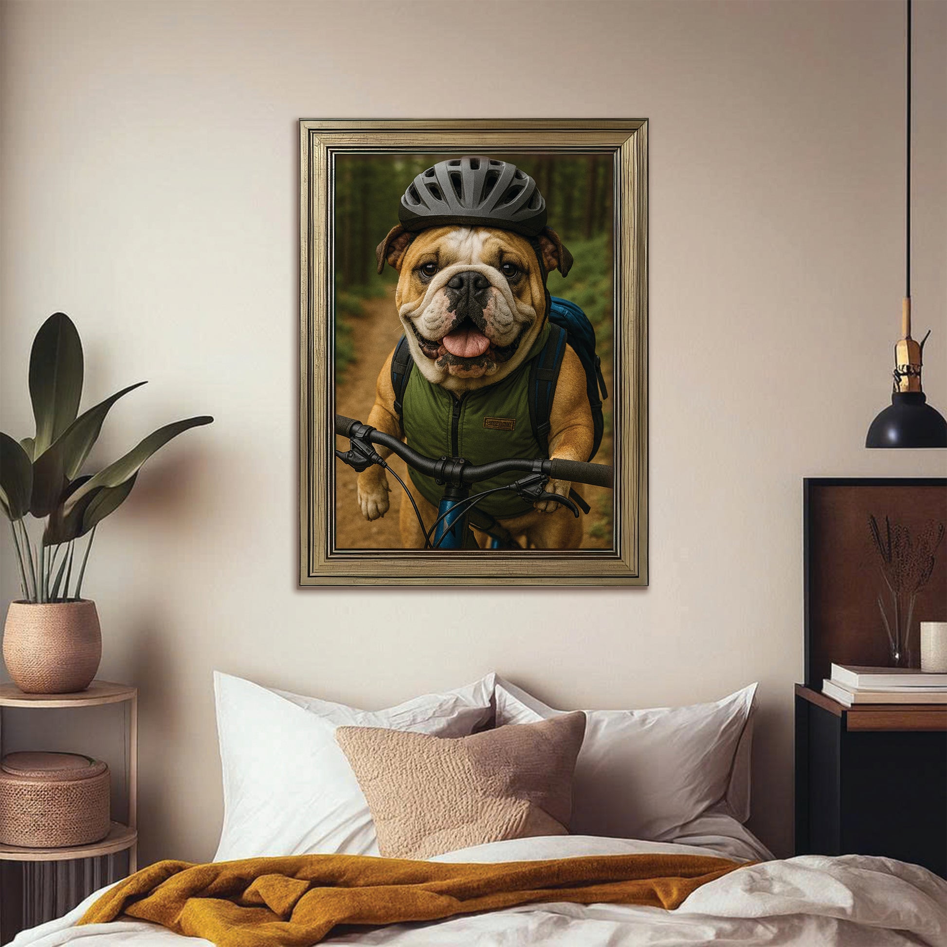 Custom Photo Mountain Biker Dog Canvas Framed Wall Art Gift For Dog Lovers