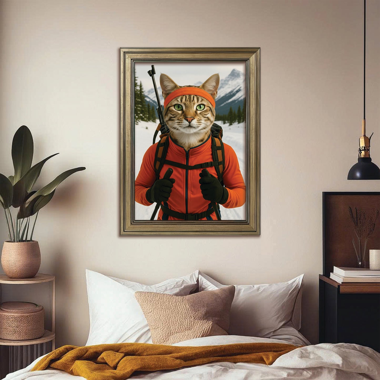 Custom Photo Biathlete Cross Country Skiing Cat Canvas Framed Wall Art Gift For Cat Lovers