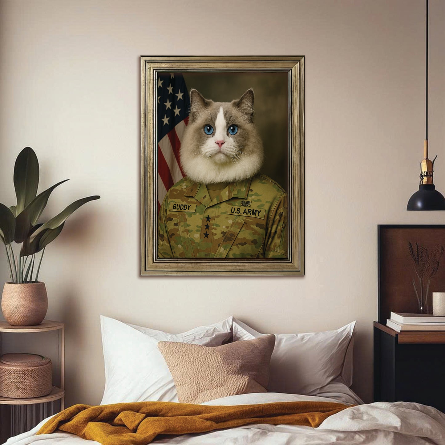Custom Cat Photo Us Army Canvas Framed Wall Art _ Gift For Cat Lovers
