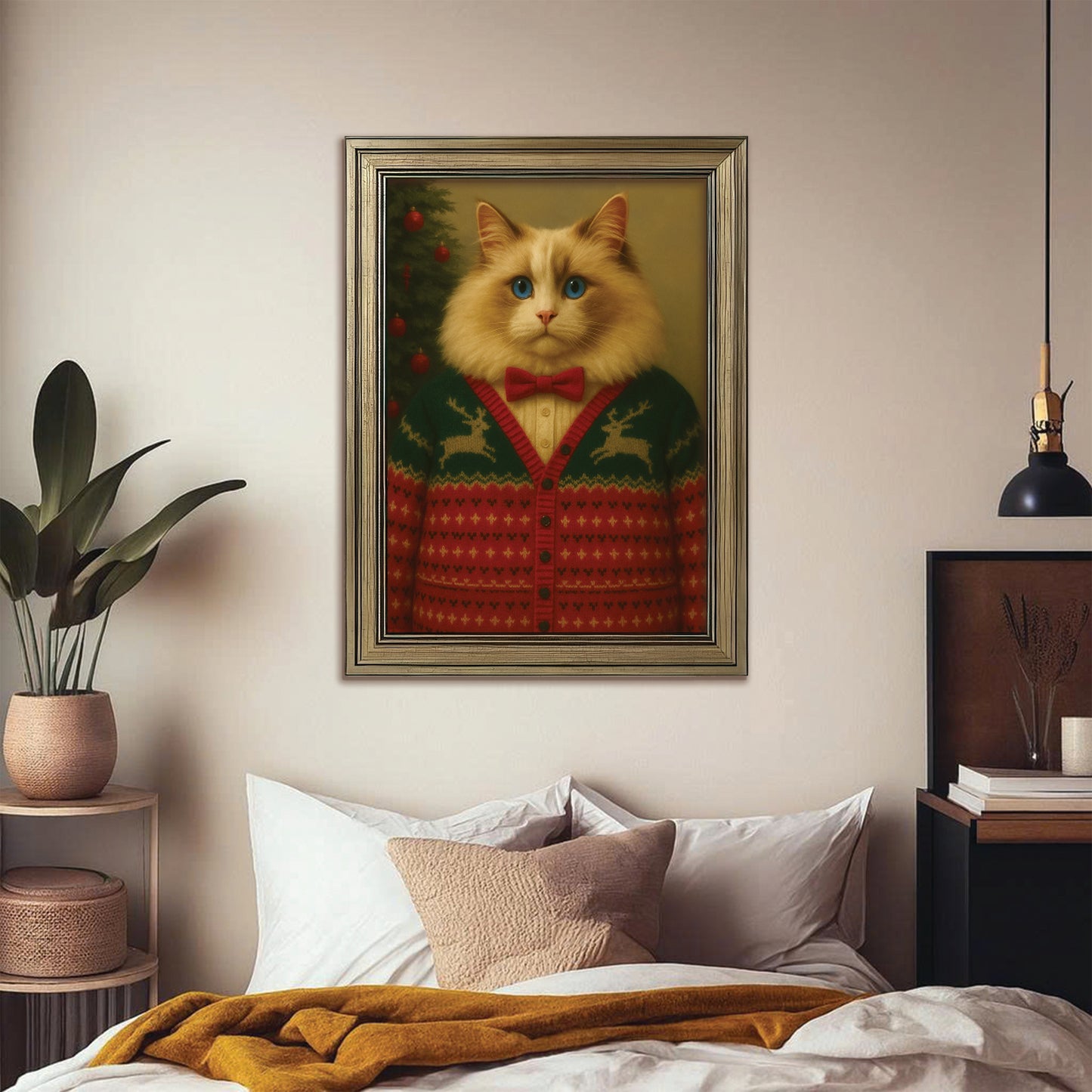Custom Photo Christmas Cat Canvas Framed Wall Art Gift For Cat Lovers