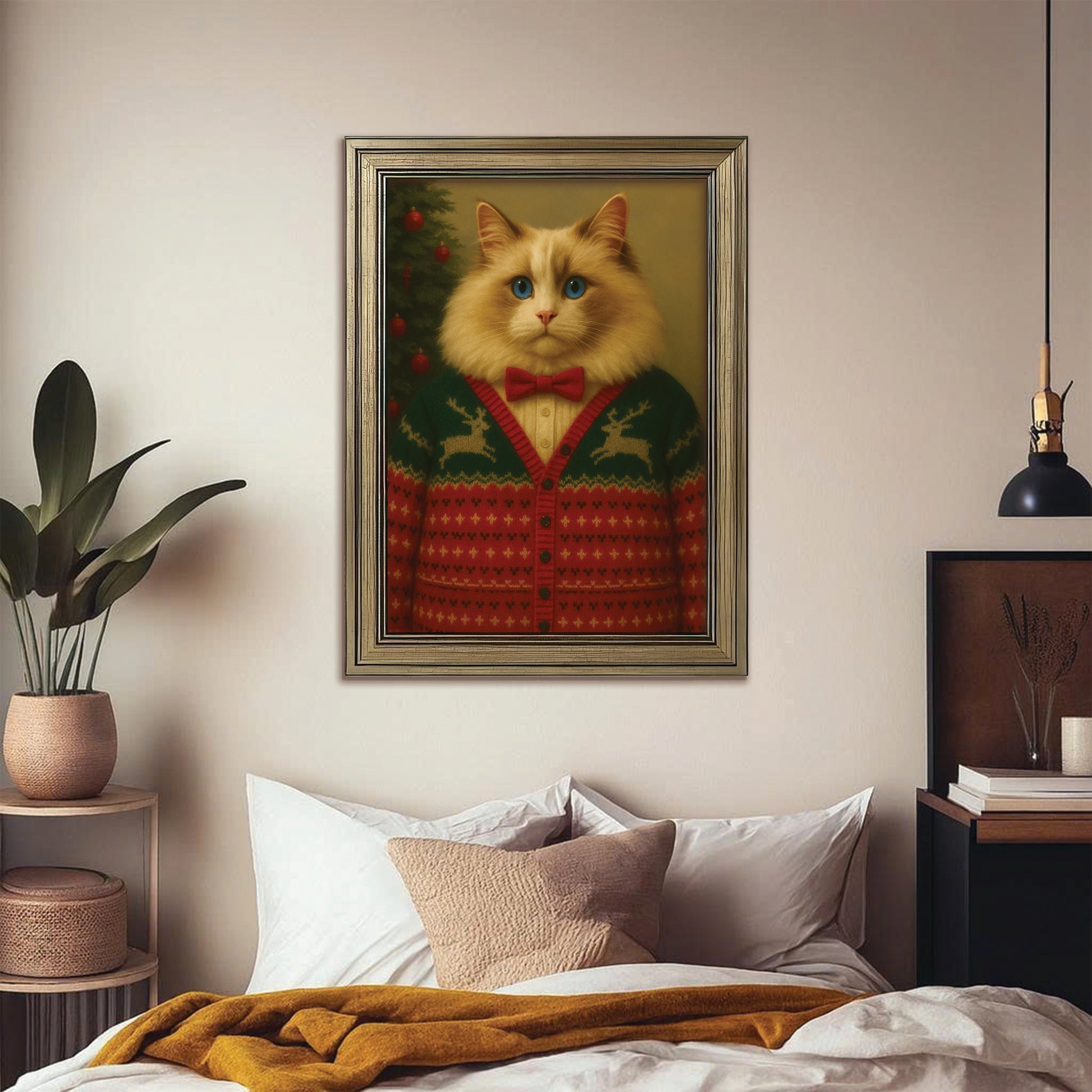 Custom Photo Christmas Cat Canvas Framed Wall Art Gift For Cat Lovers