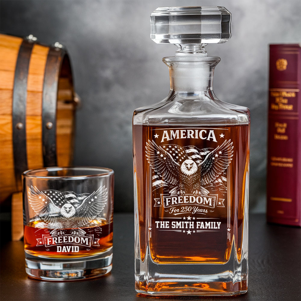 America Freedom 250 Years Engraved Whiskey Decanter Set, Personalized Patriotic Eagle Gift THUC99