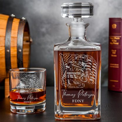 Custom Firefighter Decanter & Whiskey Glass Set, Engraved Name Gift for Firefighters