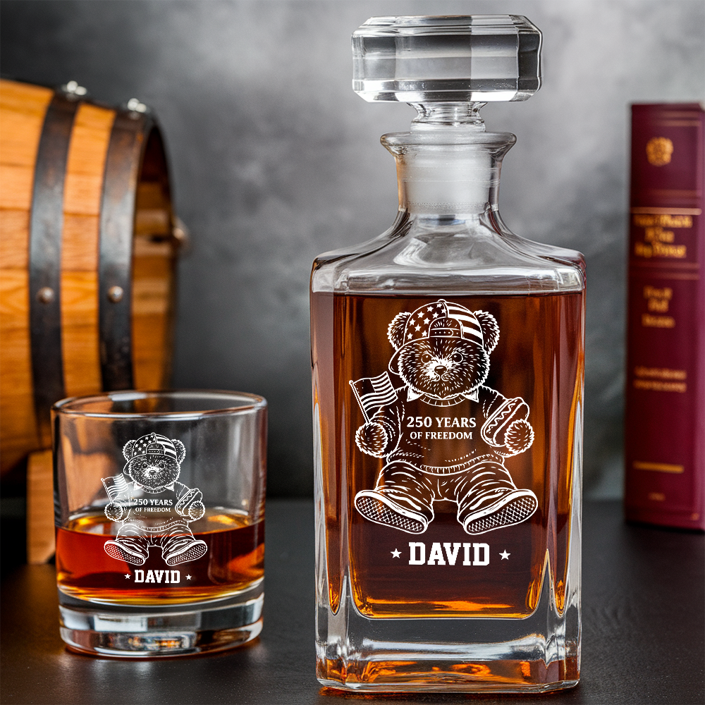 Personalized America 250 Years Engraved Whiskey Decanter Set, Patriotic Teddy Bear Gift 1776–2026 THUC99