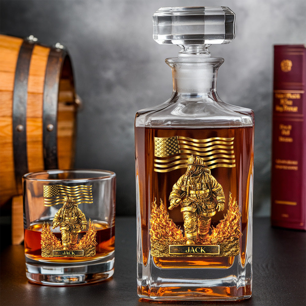 Personalized Firefighter Decanter Set – Gold Fireman & American Flag Custom Whiskey Gift