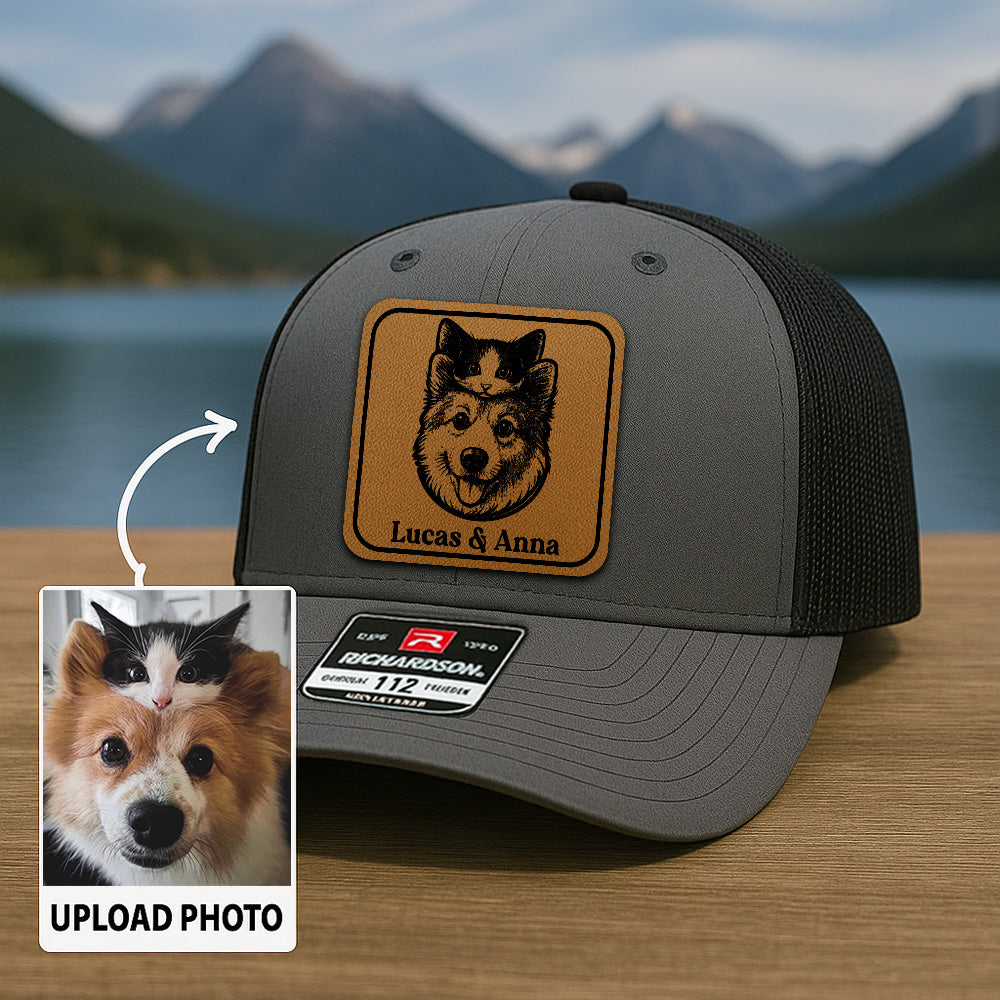 Custom Pet Photo Trucker Hat – Personalized Leather Patch Hat – Dog Portrait Gift – Custom Pet Face Hat P99A20