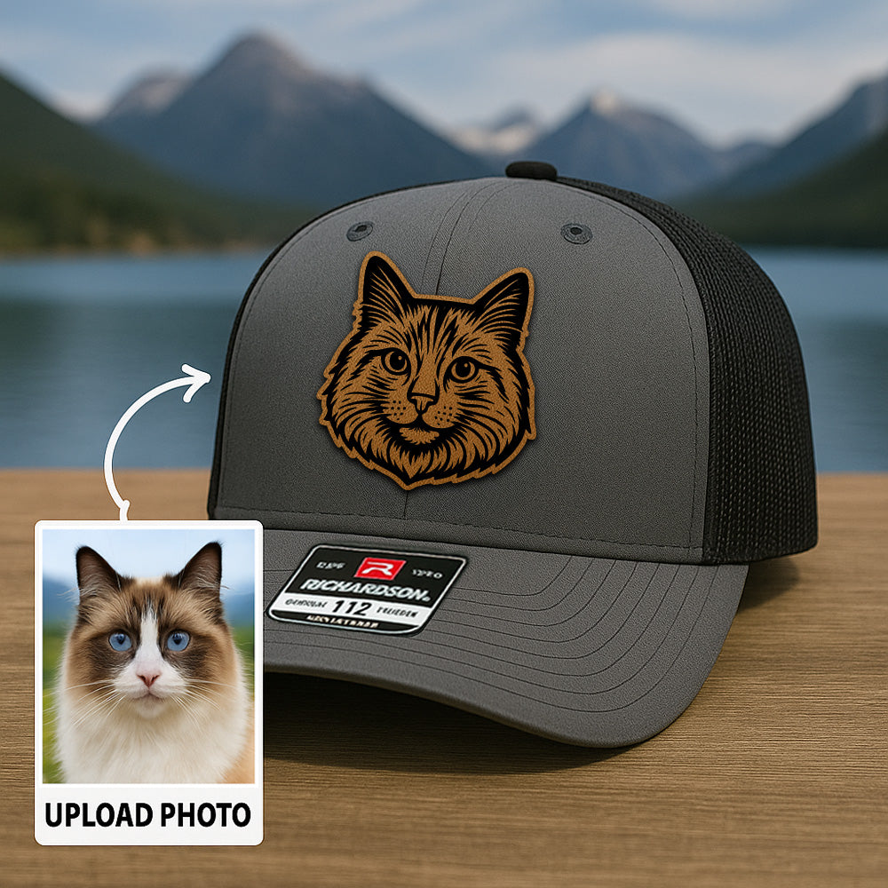 Custom Pet Photo Trucker Hat – Personalized Leather Patch Hat – Cat Portrait Gift – Custom Pet Face Hat P99A13