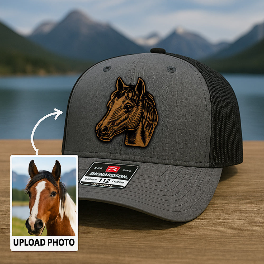 Custom Pet Photo Trucker Hat – Personalized Leather Patch Hat – Horse Portrait Gift – Custom Pet Face Hat P99A16
