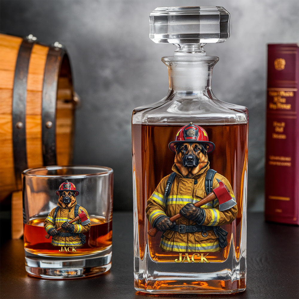Personalized Firefighter Dog Decanter Set – Custom Printed Whiskey Gift