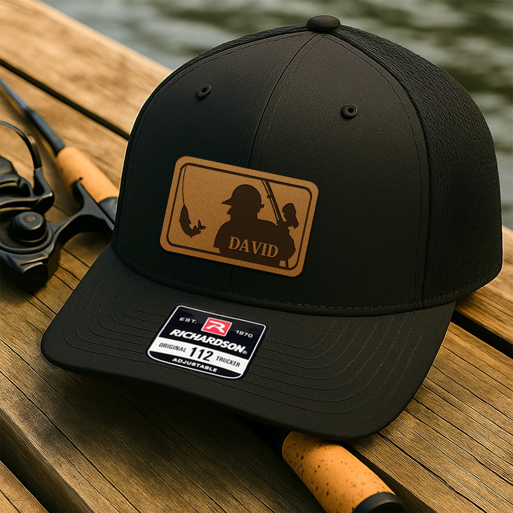 Custom Logo Fishing Leather Patch Hat – Perfect Gift for Fisherman, Dad, or Grandpa THUC99MF01